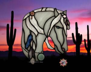 Spirit Horse Suncatcher by Robin C. Hary- shown in white. With feathers made of purple, pink and blue glass.