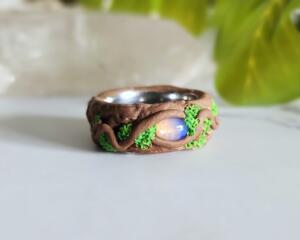 Opal, Polymer Clay and Stainless Steel Glow in the Dark Fantasy Ring