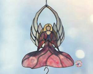 Angel stained glass wind chime- pink dress with blonde hair and white wings.