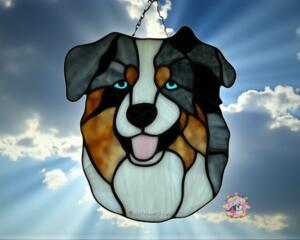 Australian Shepherd stained glass suncatcher in Blue Merle.
