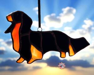 Dachshund Longhaired stained glass ornament- Black & Tan