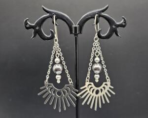 Earrings with crescent lunar phase stainless steel dangles and silver swarovski pearls on stainless steel chain and argentium silver wires