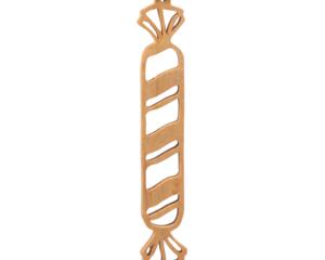 Handmade wooden Christmas tree ornament shaped like a peppermint stick with diagonal stripes, crafted from light-colored wood with flared decorative ends.