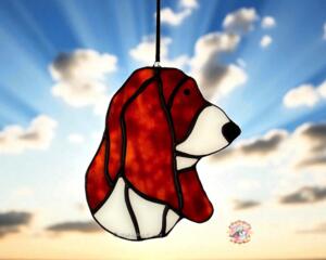 Basset Hound stained glass ornament in Red and White.