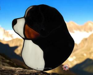 Bernese Mountain Dog Stained Glass Ornament- made with black, tan and white glass.