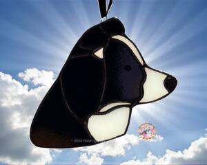 Border Collie stained glass ornament shown in Black and White.