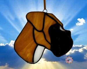 Boxer stained glass ornament- Fawn natural ears.
