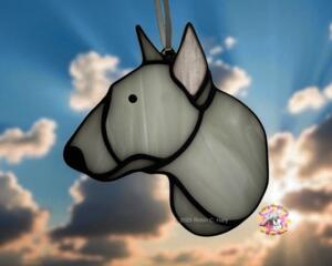 Bull Terrier stained glass ornament- shown in white.