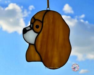 Cavalier King Charles Spaniel stained glass ornament shown in Blenheim.
