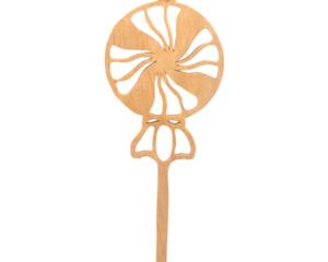 A handcrafted wooden Christmas tree ornament shaped like a lollipop, featuring intricate cut-out spiral patterns on the circular top and a simple stick base. The ornament is light brown with a smooth finish.