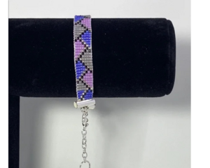 Beaded Bracelet Geometric Pattern in Purple, Blue, and Gray