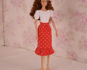 12 inch Fashion Doll in retro style white blouse, red and white polka dot skirt and matching broad brimmed hat.