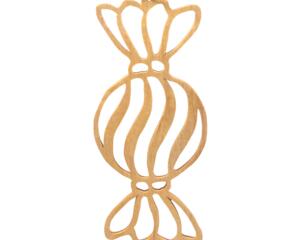 A handmade wooden Christmas tree ornament shaped like a wrapped hard candy, featuring a bulbous center with swirling stripes and twisted wrapper ends, crafted from light-toned wood using a scroll saw.