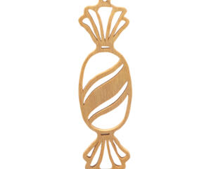 A handcrafted wooden Christmas tree ornament shaped like a wrapped candy, featuring intricate Victorian fretwork with twisted ends and a diagonal swirling stripe in the center.