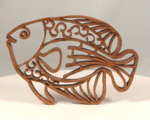 Handcrafted wooden tropical fish ornament made from 1/4-inch thick oak, finished with shellac, designed for holiday decor or year-round display as wall art.