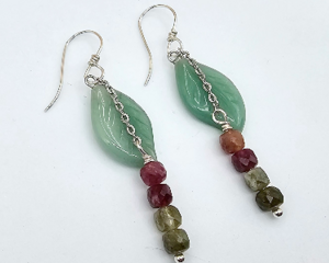 Handmade autumn leaf earrings with aventurine leaves and tourmaline beads in fall colors on stainless steel chain.