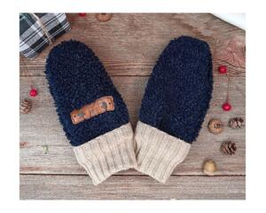 Handmade navy blue baby mittens with beige ribbed cuffs, made from soft boucle fleece; cozy thumbless winter mittens for infants & toddlers.