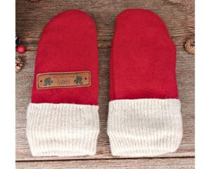 Handmade red wool baby mittens with ribbed beige cuffs, made from soft fleece; cozy thumbless winter mittens for infants & toddlers.