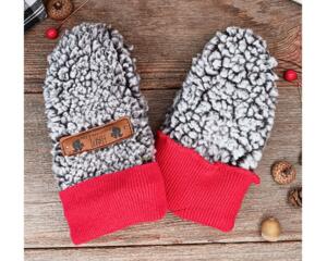 Handmade fluffy gray baby mittens with red ribbed cuffs, made from soft boucle fleece; cozy thumbless winter mittens for infants & toddlers.