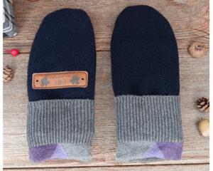 Handmade navy blue wool baby mittens with ribbed gray cuffs, made from soft fleece; cozy thumbless winter mittens for infants & toddlers.