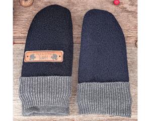 Handmade navy blue wool baby mittens with ribbed gray cuffs, made from soft fleece; cozy thumbless winter mittens for infants & toddlers.