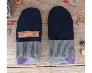 Handmade navy blue wool baby mittens with ribbed gray cuffs, made from soft fleece; cozy thumbless winter mittens for infants & toddlers.