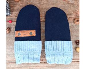 Handmade navy blue wool baby mittens with ribbed light blue cuffs, made from soft fleece; cozy thumbless winter gear for infants & toddlers.