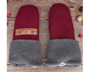Handmade burgundy red wool baby mittens with ribbed gray cuffs, made from soft fleece; cozy thumbless winter mittens for infants & toddlers.