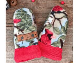 Handmade fleece baby mittens with red cardinals and red ribbed cuffs, made from soft fleece; cozy thumbless winter mittens for toddlers.