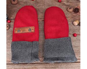 Handmade red wool baby mittens with ribbed gray cuffs, made from soft fleece; cozy thumbless winter mittens for infants & toddlers.