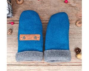 Handmade teal blue wool baby mittens with ribbed gray cuffs, made from soft fleece; cozy thumbless winter mittens for infants & toddlers.