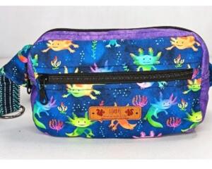 Handmade cotton belt bag with colorful axolotl print, front zipper pocket, and adjustable strap—fun, lightweight crossbody design.