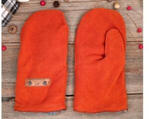 Handmade orange men's xl mittens, made from soft fleece with a leather tag on top; cozy winter mittens for men with extra large hands.