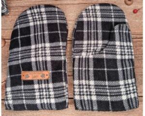 Handmade plaid black and white men's mittens, made from soft fleece; cozy winter mittens for men with regular sized hands.