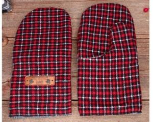 Handmade red plaid men's wide mittens, made from soft fleece with a leather tag on top; cozy winter mittens for men with wide hands.