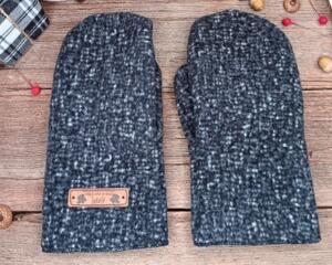 Handmade speckled black and white men's regular mittens, made from soft fleece; cozy winter mittens for men with regular sized hands.
