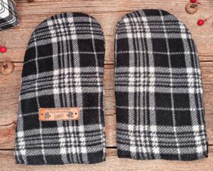 Handmade black plaid men's wide mittens, made from soft fleece with a leather tag on top; cozy winter mittens for men with wide hands.