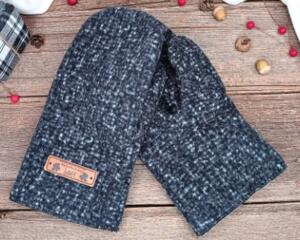 Handmade black men's wide mittens, made from soft fleece with a leather tag on top; cozy winter mittens for men with wide hands.