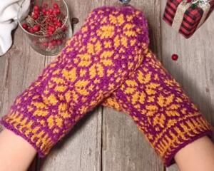 Pair of handmade purple and golden yellow wool mittens featuring Nordic-inspired knit pattern; cozy, artisan-made winter accessory.