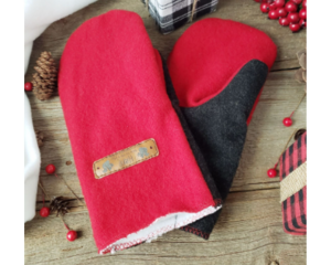 Handmade red and black wool men's regular size mittens, made from upcycled wool; cozy winter mittens, photograph taken in natural light.