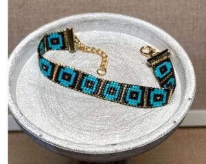  handcrafted loom-beaded bracelet with black , turquoise and gold beads 