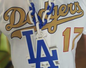 Los Angeles Dodgers Blue Jumbo Big Fan Chain Necklace Chain Length 32" Charm 6"x9" World Series Champions Baseball Fan Hype Rally Bling LA