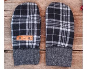 Handmade soft black and white fleece plaid women's regular mittens, made from warm upcycled fleece; lined winter mittens for woman.
