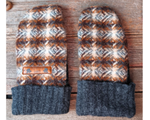 Handmade soft brown Pendleton wool women's regular mittens, made from warm upcycled wool; fleece lined winter mittens for woman.