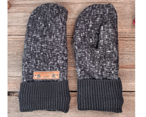 Handmade soft black and white fleece speckled women's regular mittens, made from warm upcycled fleece; lined winter mittens for woman.
