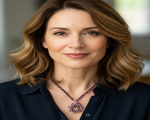Pink Petal Bloom necklace with beaded flower pendant on model wearing a navy blouse.