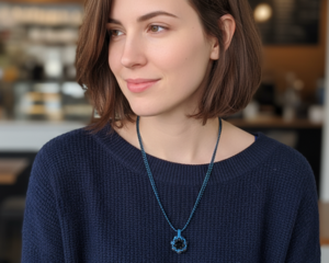 Blue Petal Bloom necklace with black crystal centerpiec