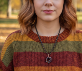 Copper Petal Bloom Necklace featuring handwoven bronze and black beaded pendant.