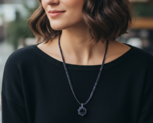 Lavender Petal Bloom Necklace featuring soft purple and black beaded pendant in a geometric floral design.