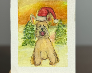 watercolor mini schnauzer with santa hat with a sunrise in the behind